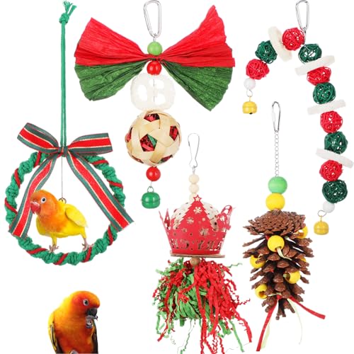 Suilung 5 Stück Weihnachts-Vogelspielzeug für Papageien, Weihnachts-Papageien, Kauspielzeug, hängend, Weihnachtsbaum, Vogelspielzeug, kleines Kauspielzeug für Sittiche, fördert Erkundung, Kauinstinkt, von Suilung