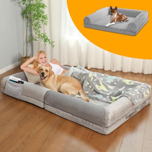 Großes Hundebett für Menschen, 182,9 x 109,2 x 24,1 cm, großes Sitzsack-Bett für Erwachsene und Haustiere, menschliches Haustierbett mit Decke, faltbares Schlafbett für Wohnzimmer, Büro oder Camp, von SuleeMat