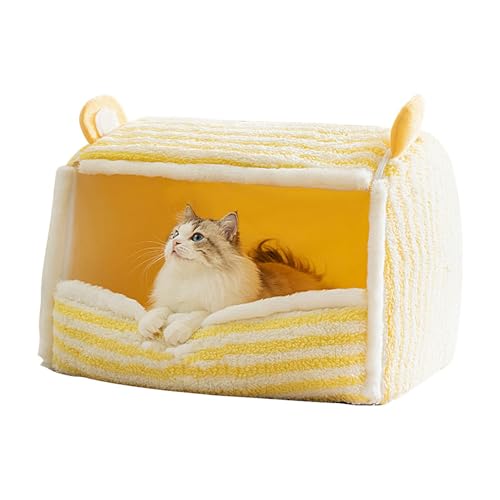 Sulxyi Winter-Katzenbett, faltbares Haustierbett, Haustierhöhle, Welpenschlafbett, Plüschbett, faltbares und tragbares Design, helle und fröhliche gelbe Farbe für Katzen, Hunde, Kätzchen, Welpen von Sulxyi