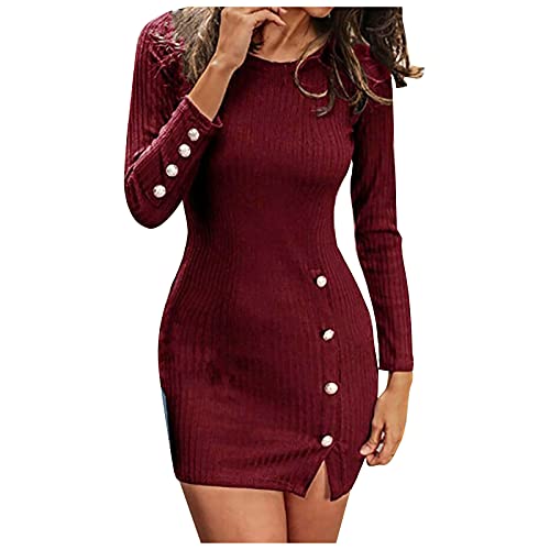 SumLeiter Damen Strickkleider Rundhals pulloverkleider mit Split Slim fit Winterkleid Casual Langarm Minikleid Sweater Kleid sexy Wickelkleid Elegant Pullikleid Jumper Sweatshirt Partykleid von SumLeiter