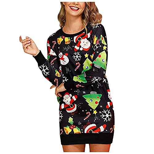 SumLeiter pulloverkleider Damen Rundhals Langarm Sweater Kleid Weihnachts Drucken pullikleid Warme Blusenkleid Casual Knielang Kleider Mode Lange Jumper Sweatshirt elegant Strickkleid Minikleid von SumLeiter