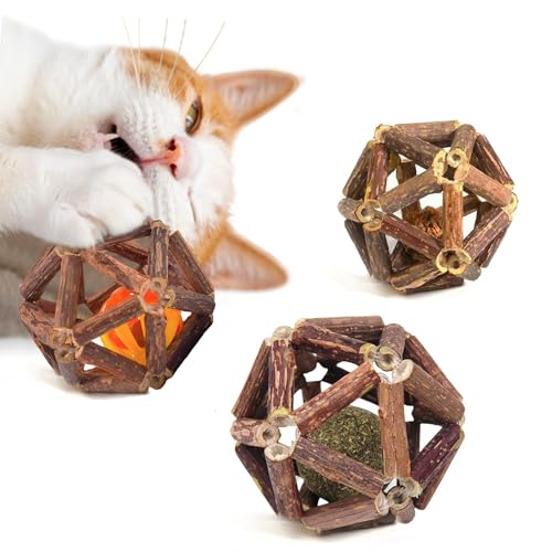 SunGrow Silverine Bälle für Katzen, ansprechende und interaktive Haustieranreicherung, Gallenfrucht, Katzenminze, Glockenball, Cool Pal Katzenspielzeug, Weihnachtsstrumpffüller, Braun, 6,3 cm von SunGrow