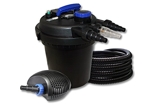 SunSun Komplettset: CPF-250 Teichdruckfilter bis 10000 L Teich mit 11W Teichklärer, CTF-3800 SuperECO Teichpumpe 3600l/h 20W, 25m Teichschlauch 25 mm (1") von SunSun