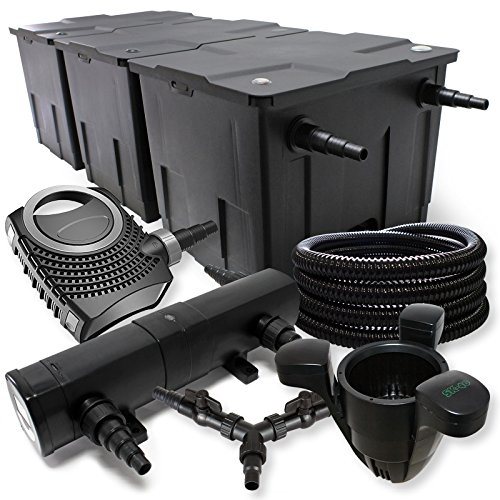 SunSun Komplettset: CBF-350C Teichfilter bis 90000 L Teichfilteranlage, NEO10000 Teichpumpe 10000l/h 80W, CUV-218 Teichklärer 18W, 25m Teichschlauch 25 mm, SK-40 Skimmer 3000l/h 60W, Y-Verteiler von SunSun