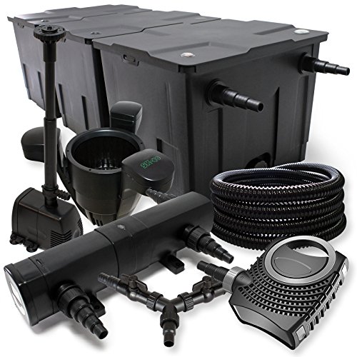 SunSun Komplettset: CBF-350C Teichfilter bis 90000 L, NEO10000 Teichpumpe 10000l/h 80W, CUV-218 Teichklärer 18W, 25m Teichschlauch 25mm, SK-40 Skimmer 3000l/h, HJ-943 Springbrunnen 800l/h, Y-Verteiler von SunSun