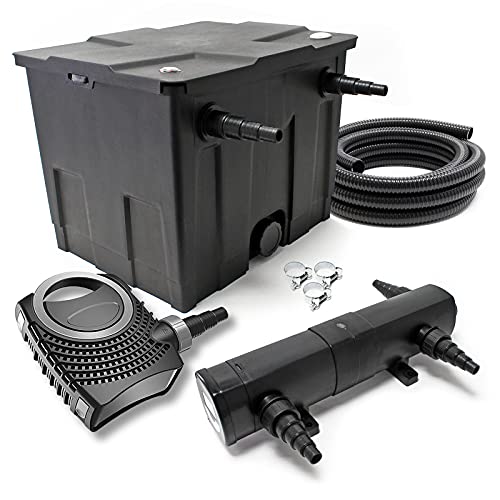 SunSun Komplettset: CBF-350 Teichfilter bis 12000 L Teichfilteranlage Durchlauffilter, NEO8000 Teichpumpe 8000l/h 70W, CUV-224 Teichklärer 24W, 10m Teichschlauch 38 mm, Schlauchschellen W1 44-47mm von SunSun