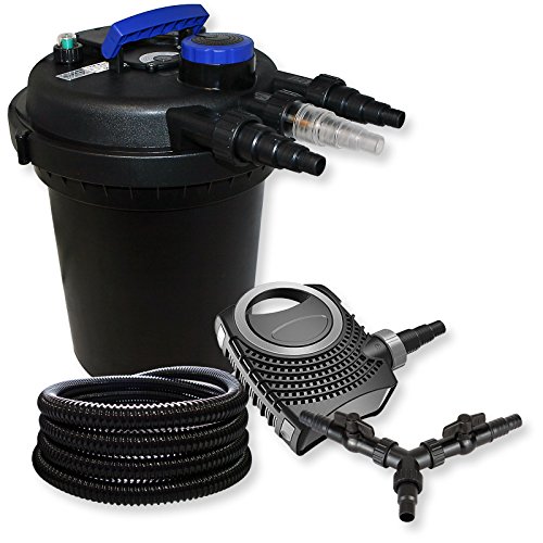 SunSun Komplettset: CPF-250 Teichdruckfilter bis 10000 L Teich mit 11W Teichklärer, NEO10000 SuperECO Teichpumpe 10000l/h 80W, 25m Teichschlauch 25 mm (1"), Y-Verteiler von SunSun