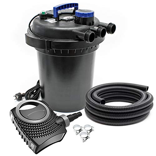 SunSun Komplettset: CPF-250 Teichdruckfilter bis 10000 L Teich mit 11W Teichklärer, NEO3800 SuperEco Teichpumpe 3600l/h 20W, 5m Teichschlauch 38 mm (1 1/2"), Schlauchschellen W1 44-47mm von SunSun