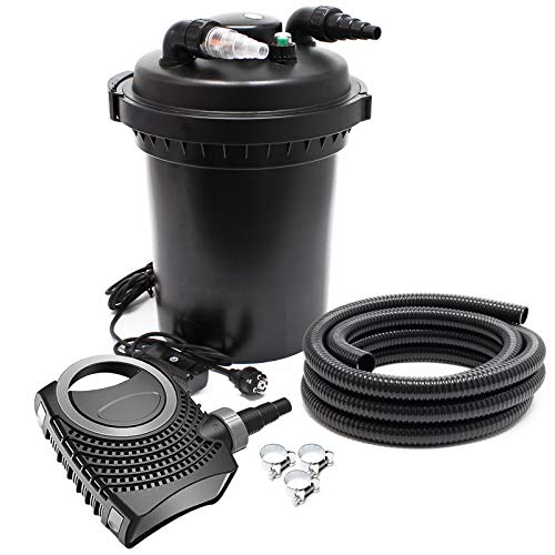 SunSun Komplettset: CPF-380 Teichdruckfilter bis 12000 L mit 11 Watt UV-C Teichklärer, NEO10000 SuperECO Teichpumpe 10000l/h 80W, 10m Teichschlauch 38 mm (1 1/2"), Schlauchschellen W1 44-47mm von SunSun