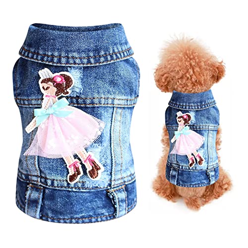 Haustier Denim Weste Jacke Hundekleidung Hund Jeansjacke für Kleine Mittlere Hunde Katzen Jacke Pullover Nette Cartoon Stickerei Hundeweste Pullover Frühling Herbst Winter (L, Blau) von Sundaylikelife