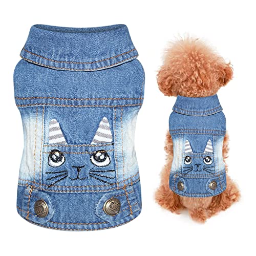 Haustier Jacke Denim Hundekleidung Hund Weste Haustier Jeansjacke für Kleine Mittlere Hunde Katzen Jacke Pullover Nette Cartoon Stickerei Hundeweste Pullover Frühling Herbst Winter (L, Blau) von Sundaylikelife