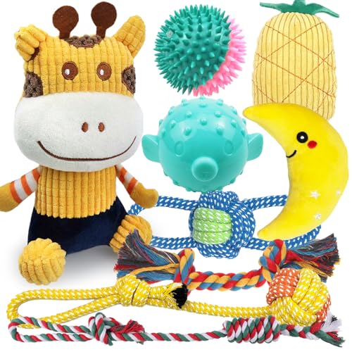 Sundrawy DogToys Set, Plüsch-Quietschspielzeug, Seilspielzeug, Zahnkauen und Ballspielzeug, Zahnen, aktives Spielen, 9-teiliges Set für Welpen, Größe S, M, Rehkitz von Sundrawy