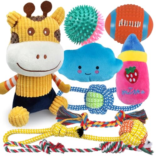 Sundrawy DogToys Set, Plüsch-Quietschspielzeug, Seilspielzeug, Zahnkauen und Ballspielzeug, Zahnen, aktives Spielen, 9-teiliges Set für Welpen, Größe S, M, Rehkitz von Sundrawy