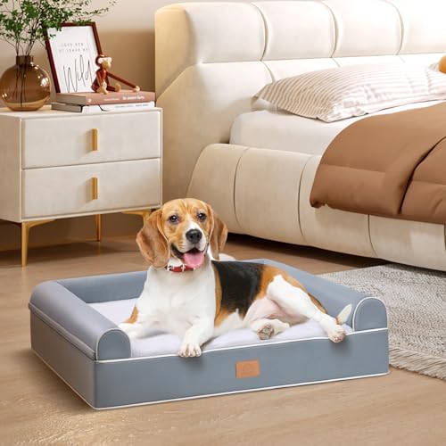 Sunheir Hundebetten für große Hunde, orthopädisches Hundebett für extra große Hunde, Plüsch & Wildleder Hundesofabett mit abnehmbarem Bezug, Haustier-Couch-Bett mit wasserdichtem Futter - Hellgrau von Sunheir