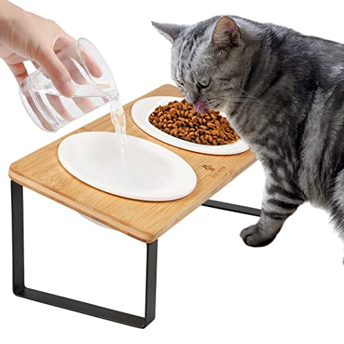 Erhöhte Katzennäpfe aus Keramik, erhöhter Welpenschüssel für Futter und Wasser, geneigter Bambusständer gegen Erbrechen, für den Innenbereich, 14 cm breit, Doppelnapf, orthopädisch, Anti-Erbrechen von Sunhoo