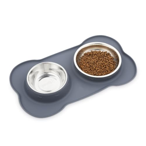 Futternapf Fressnapf Hunde Katzen, Hundenapf Edelstahl Katzenapf mit Rutschfesten Silikon Tablett Matte,Schüssel Lebensmittel Wassernapf Grau M(2 * 400ml) von Sunknight