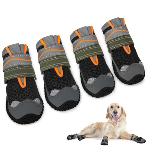 Hundeschuhe Pfotenschutz, 4 Stück atmungsaktive Hunde Schuhe Outdoor mit Rutschfester Sohle, verstellbarem reflektierendem Klettverschluss Hundestiefel für kleine, mittlere und große Hunde von Sunknight