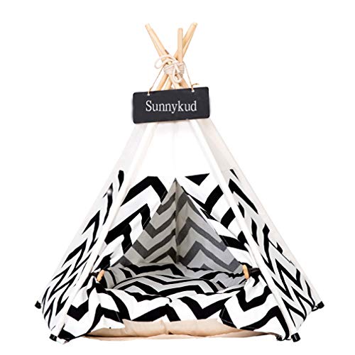 Sunnykud Tipi Zelt für Haustiere Hundezelt Katzenzelt Haustierzelte Häuser mit Kissen Abnehmbar und Waschbar Haustierbett Wegklappen Haustier Hundebett Katzenbett (S:40x40x50cm, Schwarz) von Sunnykud