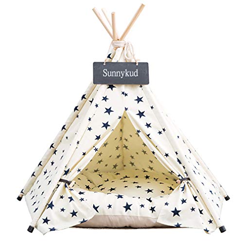 Sunnykud Tipi Zelt für Haustiere Hundezelt Katzenzelt Haustierzelte Häuser mit Kissen Abnehmbar und Waschbar Haustierbett Wegklappen Haustier Hundebett Katzenbett (M:50x50x60cm, Beige) von Sunnykud