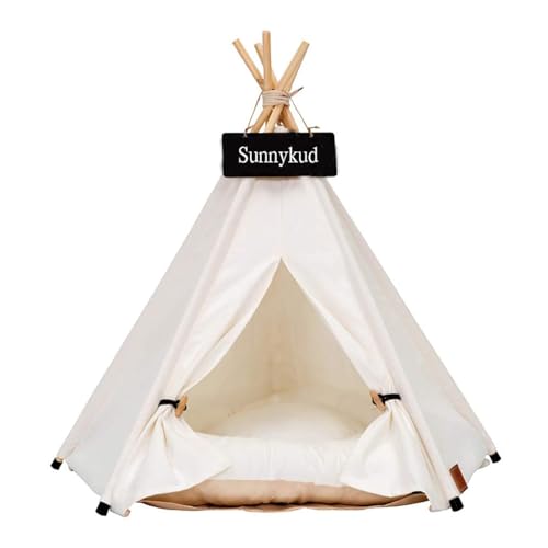 Sunnykud Tipi Zelt für Haustiere Hundezelt Katzenzelt Haustierzelte Häuser mit Kissen Abnehmbar und Waschbar Haustierbett Wegklappen Haustier Hundebett Katzenbett (M:50x50x60cm, weiß) von Sunnykud