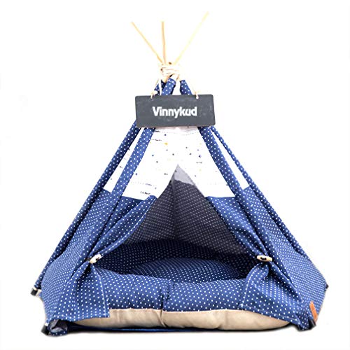 Sunnykud Tipi Zelt für Haustiere Hundezelt Katzenzelt Haustierzelte Häuser mit Kissen Abnehmbar und Waschbar Haustierbett Wegklappen Haustier Hundebett Katzenbett (L:60x60x70cm, Navy Blue dot) von Sunnykud