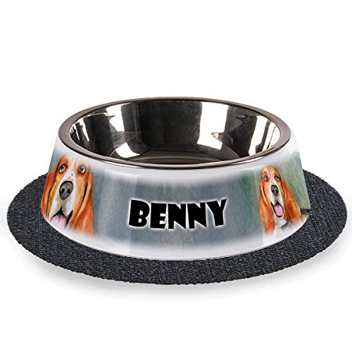 Tiernapf mit Wunschnamen 2-teilig Edelstahl inkl. Antirutschmatte Hundenapf personalisiert (Basset-Hund) von Sunnywall