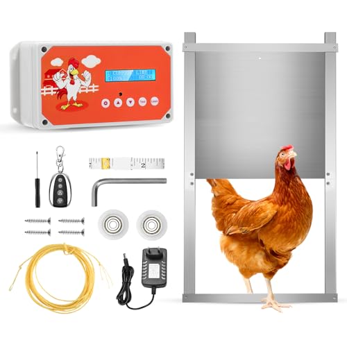 Elektrische Hühnerklappe, Sunowl Automatische Hühnertür mit Zeitschaltuhr und Fernbedienung, Netzbetrieb oder Batterie, Hühnerklappe Automatisch Hühner Sicher Aufziehen von Sunowl