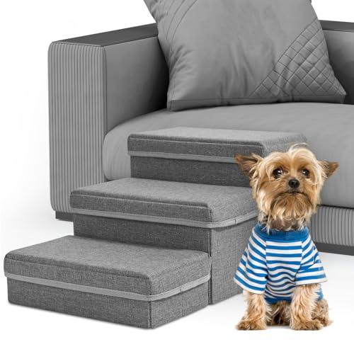 Hundetreppe, Sunowl 3 Stufige Faltbare Haustiertreppe, Extra Breite Hundetreppe Sofa Bett mit Stauraum, rutschfeste Oberfläche, Hilft dem Haustier Leicht Aufzustehen, Hundetreppe für Kleine Hunde von Sunowl