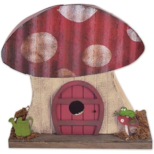 Sunset Vista Designs Vogelhäuser aus Holz – Pilz-Vogelhaus aus Holz und Metall, 14 cm hoch, rot mit Frosch von Sunset Vista Designs