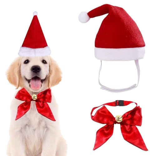 Haustier Weihnachtsmütze,Hunde Katzen Kostüm Zubehör Set,Haustier Stirnband mit Haustier Krawatten und Glocken,Weihnachts Outfit Geschenk für Welpen Kleine Katzen Hunde Haustiere von Sunshine smile