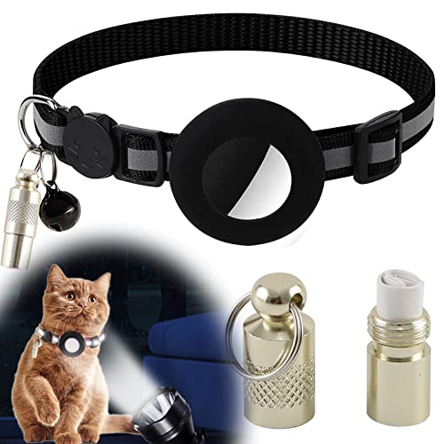 AirTag Katzenhalsband mit AirTag-Halterun,Reflektierende Halsband Katze mit Glocke Namen Adresse und Sicherheitsverschluss,Verstellbar 18-27cm Katzenhalsband für Mädchen Jungen Kätzchen Welpen von Sunwuun