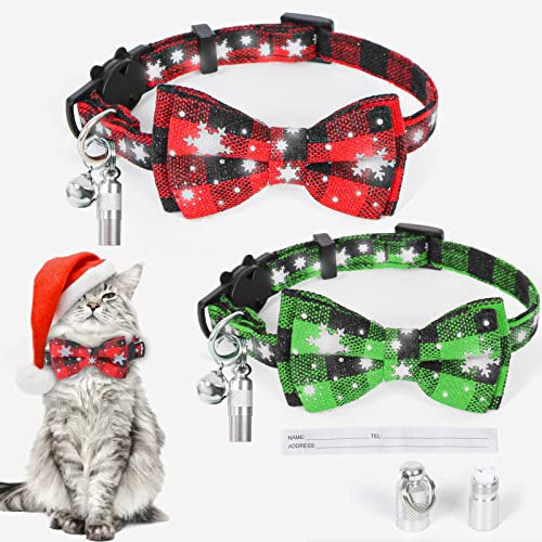 Weihnachten Katzenhalsband Schleife,2 Stück Reflektierende Schneeflocke Halsband Katze Hund,Breakaway Cat Collar mit Glöckchen,Fliege,Sicherheitsverschluss,Verstellbar 18-30cm für Kätzchen Welpen von Sunwuun