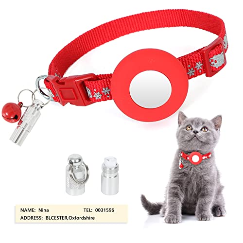 Weihnachten Katzenhalsband mit AirTag-Halterun,Reflektierende Halsband Katze mit Glocke Namensadresse Anhänger,Sicherheitsverschluss,20-32cm Halsband Geschenk für Männliche Weibliche Kätzchen Welpen von Sunwuun