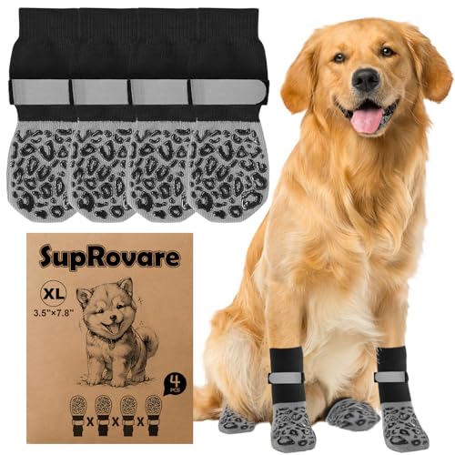 SupRovare 4 Stück Hundesocken Anti Rutsch, Hundesocke mit Klettverschluss Riemen Leuchtband,Hunde Schuhe Outdoor,Leopardenmuster Hundesocken Leckschutz,Antirutschsocken Hund Pfotenschutz für Hunde(XL) von SupRovare