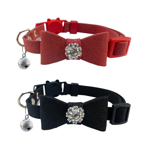 SuperBuddy Katzenhalsbänder mit Glöckchen, Breakaway-Kätzchen-Halsband, niedliches Katzenhalsband mit Diamanten, Fliege, Glocke für Welpen, Kätzchen, 2er-Pack, Haustierbedarf-Zubehör von SuperBuddy