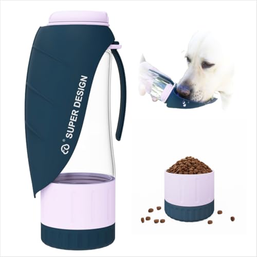 SUPERDESIGN Graue Wasserflasche für Hunde, tragbar mit Futterbehälter, Reisewasserflasche, einfach zu bedienen, auslaufsicheres Design, Haustier-Wasserflasche, ideal für Reisen, Wandern und von SuperDesign