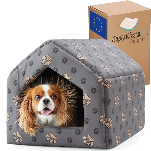 SuperKissen24. Hundehütte Indoor - Hundebett - Hundebox für Kleine Mittlere und Große Hunde und Katzen - Wasserdicht Hundehöhle - Katzenhöhle - 42x48x38 cm - Pfoten Grau von SuperKissen24.