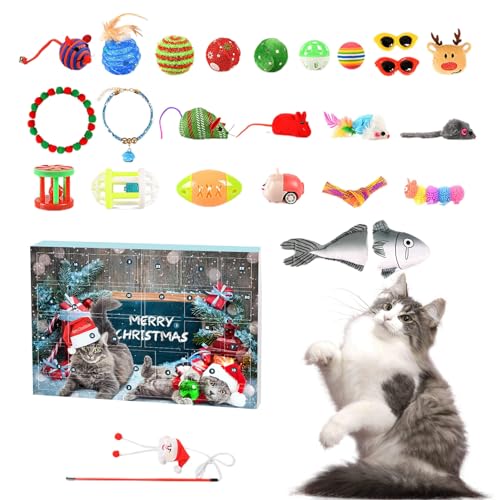 Suphyee 24 Tage Katzenspielzeug Weihnachts-Countdown-Kalender | 2023 Katzenspielzeug-Adventskalender mit 24 verschiedenen Weihnachtsspielzeugen für Katzen, Verschiedene Kätzchen von Suphyee