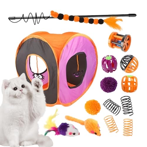 Suphyee Katzenspielzeug für den Innenbereich, Kitten Starter Kit Bundle, Niedlicher interaktiver Katzentunnel, Halloween-Katzen-Federstab, Ball, Frühlingsmäusespielzeug, faltbares quadratisches von Suphyee