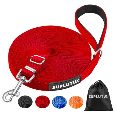 Schleppleine für Hunde, Laufleine für Hunde – Verstellbare Hundeleine mit Gepolstertem Griff inkl. Aufbewahrungstasche, Ideal für Training, Spaziergänge und Outdoor (Rot, 20m/64ft) von SuplutuX