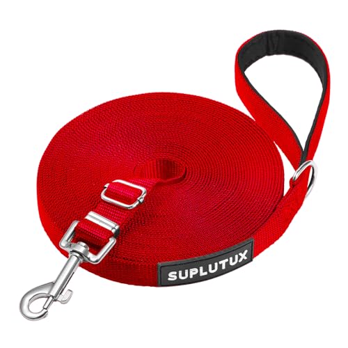 Schleppleine für Hunde, Laufleine für Hunde – Verstellbare Hundeleine mit Gepolstertem Griff inkl. Aufbewahrungstasche, Ideal für Training, Spaziergänge und Outdoor (Rot, 25m/82ft) von SuplutuX