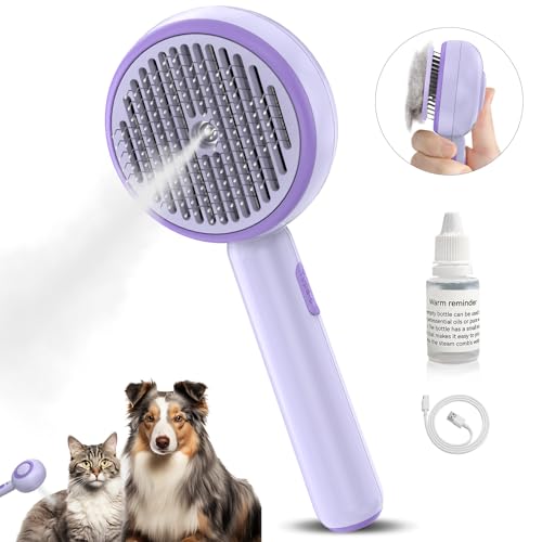 Katzenbürste mit Dampf, 3-in-1 Dampfbürste Katze, Bürste Katze mit Selbstreinigend Einem Knopf mit Wassertank und Spray, Anti Statische Elektrizität und Verknoten Steamy Brush für Katzen Hunde, Lila von Supore