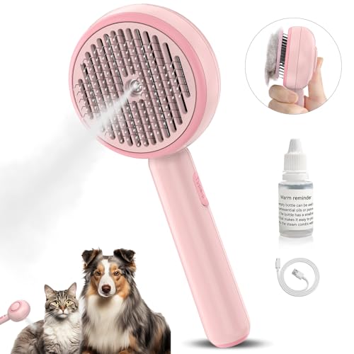 Katzenbürste mit Dampf, 3-in-1 Dampfbürste Katze, Bürste Katze mit Selbstreinigend Einem Knopf mit Wassertank und Spray, Anti Statische Elektrizität und Verknoten Steamy Brush für Katzen Hunde, Rosa von Supore