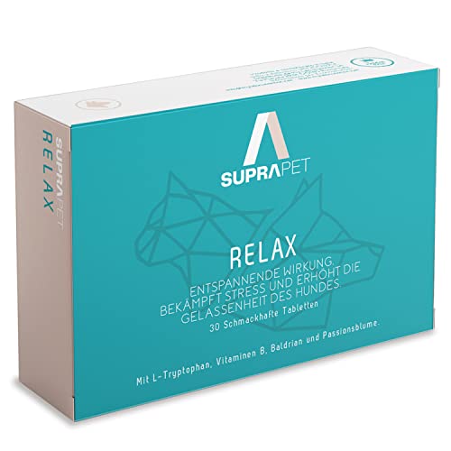 Suprapet, Relax Beruhigende für Hunde 30 Tabletten - Natürlicher Relaxer gegen Stress und Angst mit L-Tryptophan, Vitamin B, Baldrian, Passionsblume, Weißdorn, Ingwer von Suprapet