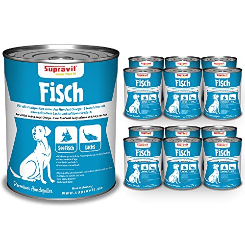 Supravit Nassfutter für Hunde I wohltuendes Hundefutter nass Fisch & Lachs I 12 x 410g Dosen I Hunde Nassfutter getreidefrei & ohne Soja I schmackhafte Delikatesse für den Hund von Supravit