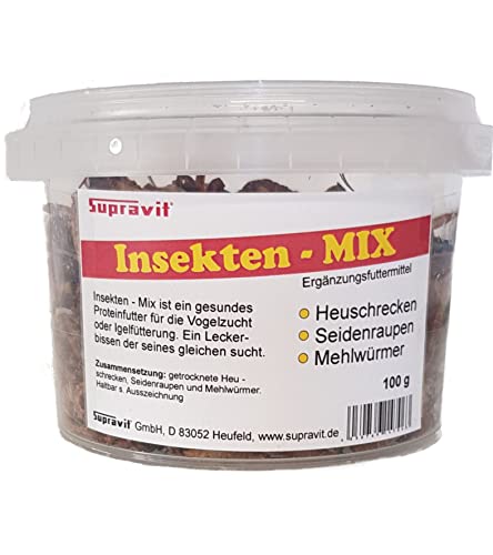 SUPRAVIT Vogelfutter Insekten Mix | getrocknete Insekten 100g | Insektenfutter für Vögel mit Mehlwürmer getrocknet, Seidenraupen, Heuschrecken für Wildvögel & Igel von Supravit