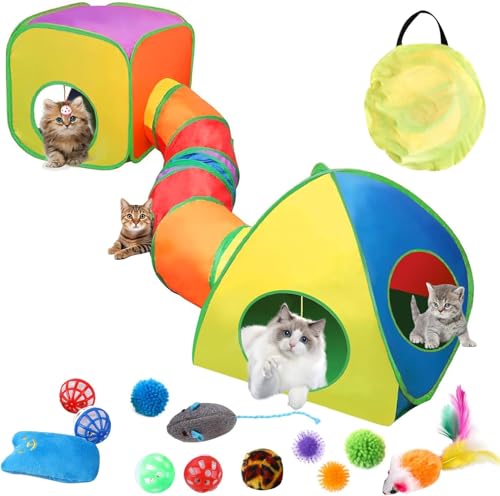 Surmounty 16PCS 3 in 1 Cat Tunnel,Rainbow Cat Tunnels for Indoor Cats,Rabbit Tunnel with 12PCS Cat Toys,Foldable Cat Play Tunnel Cube Tent,Kitten Toys Pet Tunnel for Cat,Puppy, Kitty, Rabbit,Cat Gifts von Surmounty