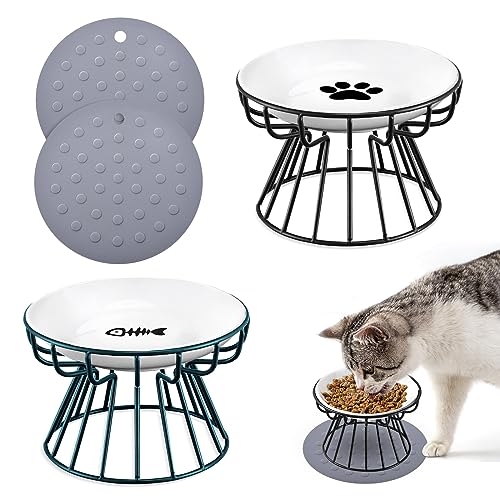 Surmounty Katzennäpfe 2Pcs Futternapf Katze Set, Erhöhter Fressnapf Keramik Napf mit Metallhalter und Antirutschmatten, Cat Bowl Futterschüssel für Haustiere Katzen und Welpen von Surmounty