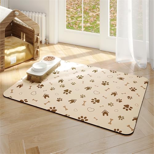 Surwin Napfunterlage für Hund Katzen Haustier Futtermatte, Super Saugfähige Futternapf Unterlage Hundepfotenmuster Schnelltrocknend Rutschfester Waschbar Hundenapf Unterlage (Beige,35x50cm) von Surwin