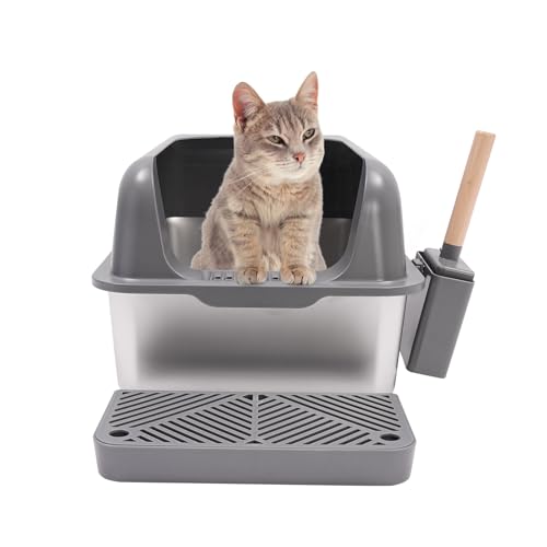 Susoso 40.8x60.8x29.3cm Katzenklo, Katzentoilette mit Katzenstreu-Schaufel und Schnalle Cat Litter Box 360° Schutz für Katzen mit einem Gewicht von weniger als 22,05 Pfund Dunkelgrau+Silber von Susoso